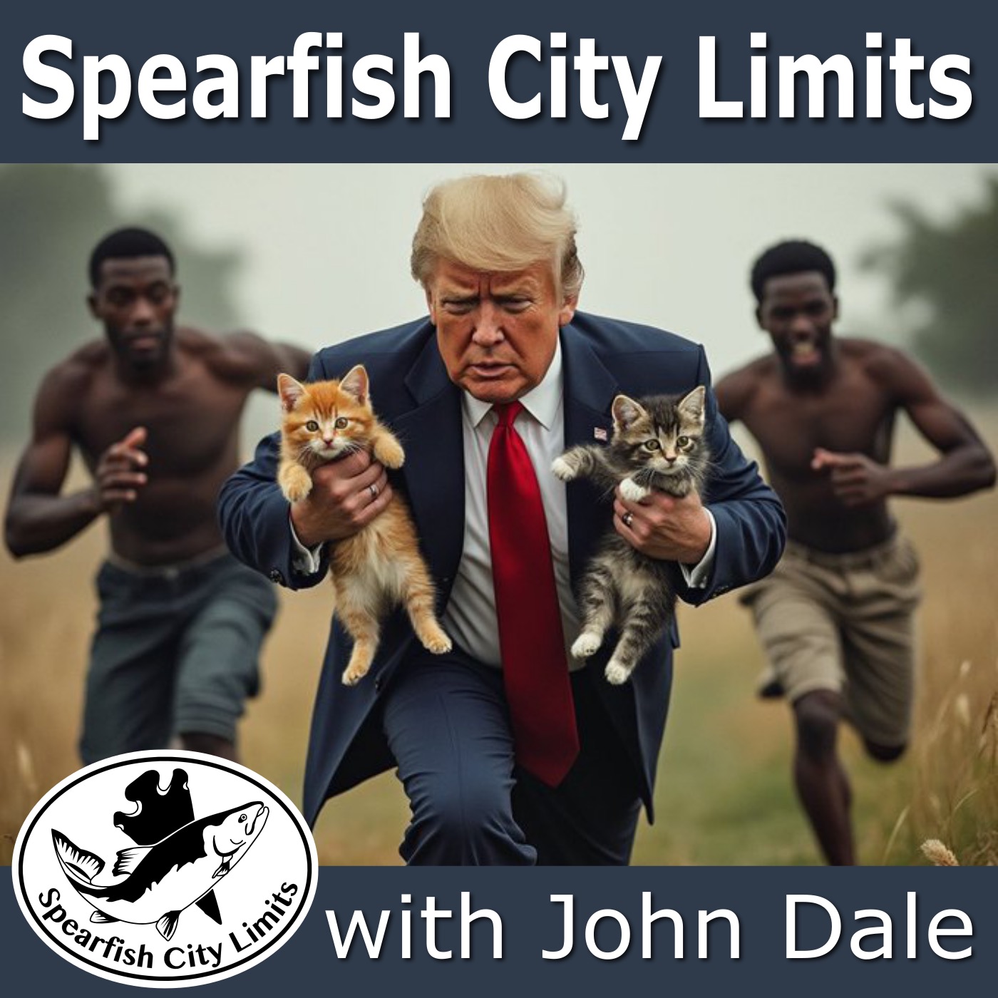 Trump saving kittens. Trump running with two kittens under his arms from Haitians in the woods.